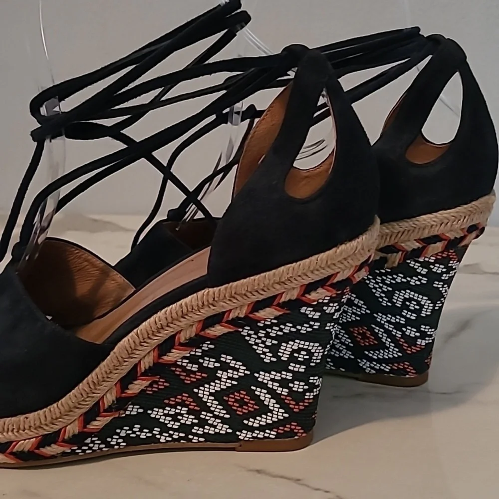 Cabi Isla Leather Suede Navy Blue Wedge Heels Espadrilles Sandals Wmns 7.5 Boho